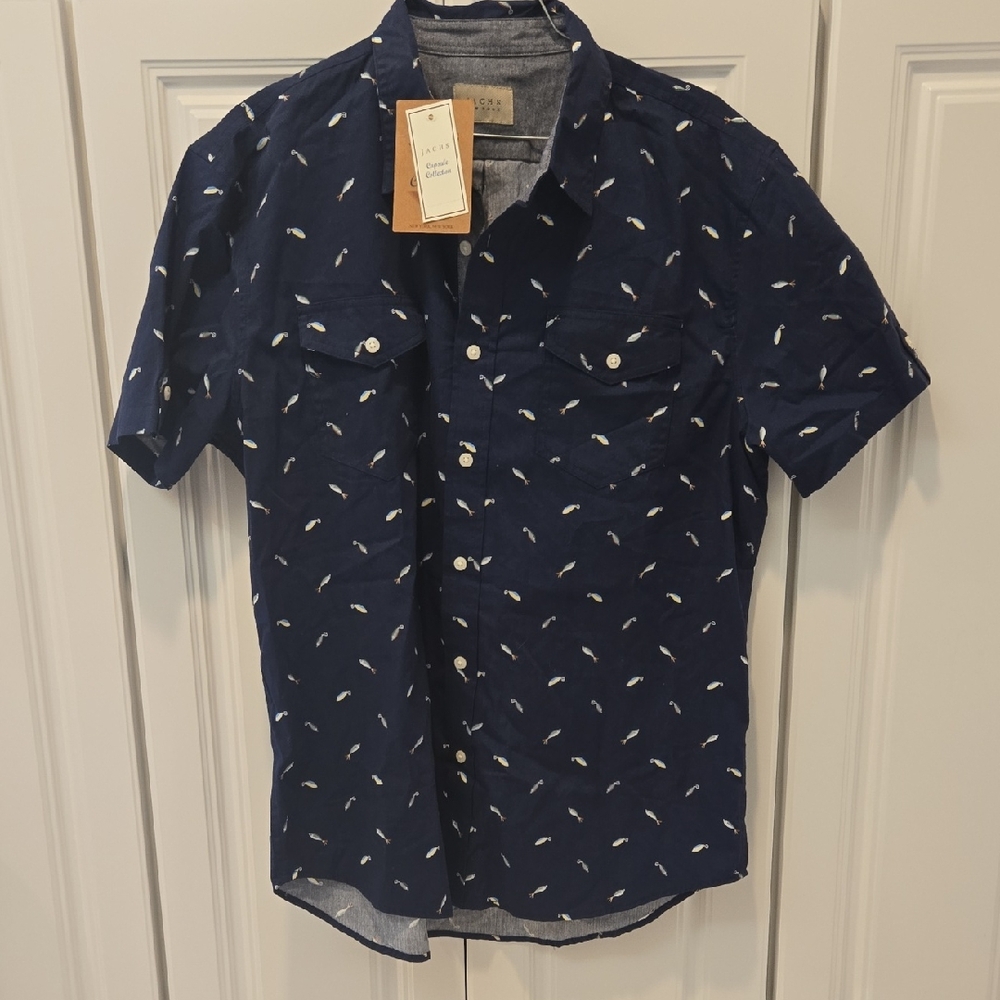Jachs Navy Short-Sleeve Button-Down Shirt with White Feather Print